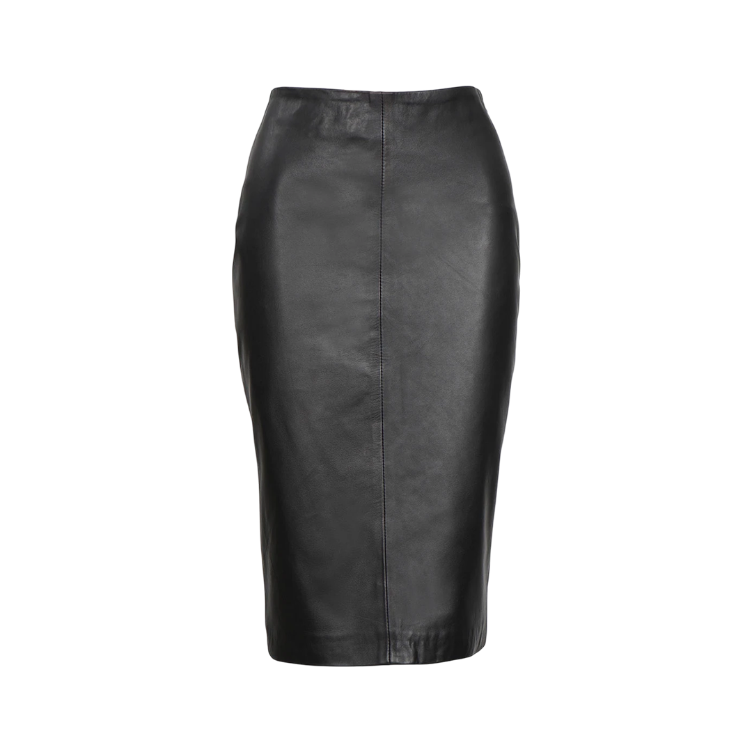 Rosa Women's Black Midi Leather Skirt With Back Slit - Pencil Style