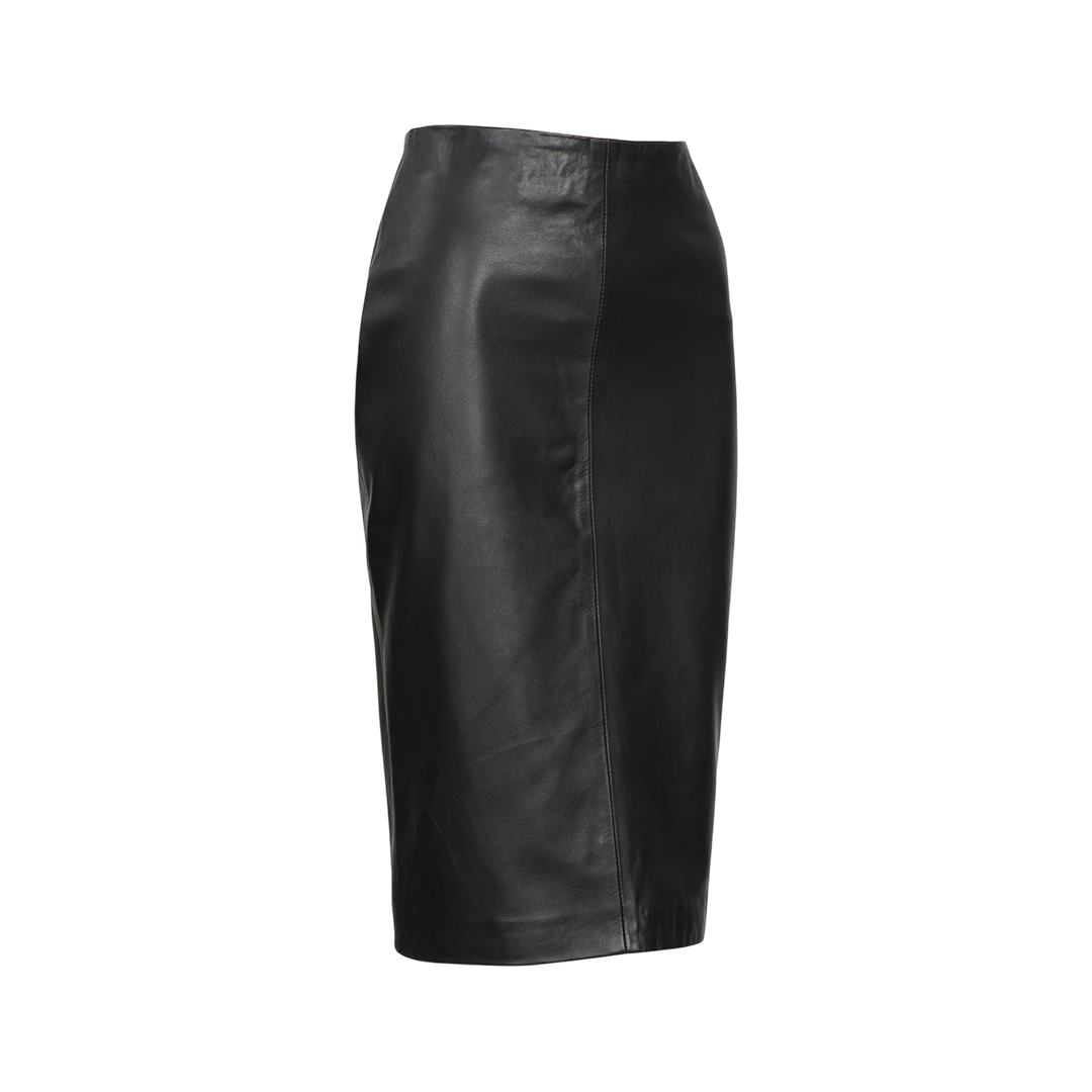 Rosa Women's Black Midi Leather Skirt With Back Slit - Pencil Style