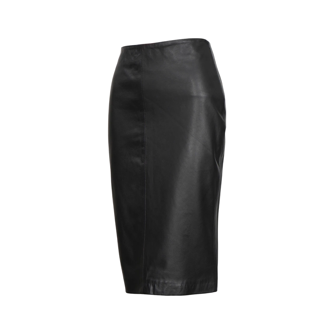 Rosa Women's Black Midi Leather Skirt With Back Slit - Pencil Style