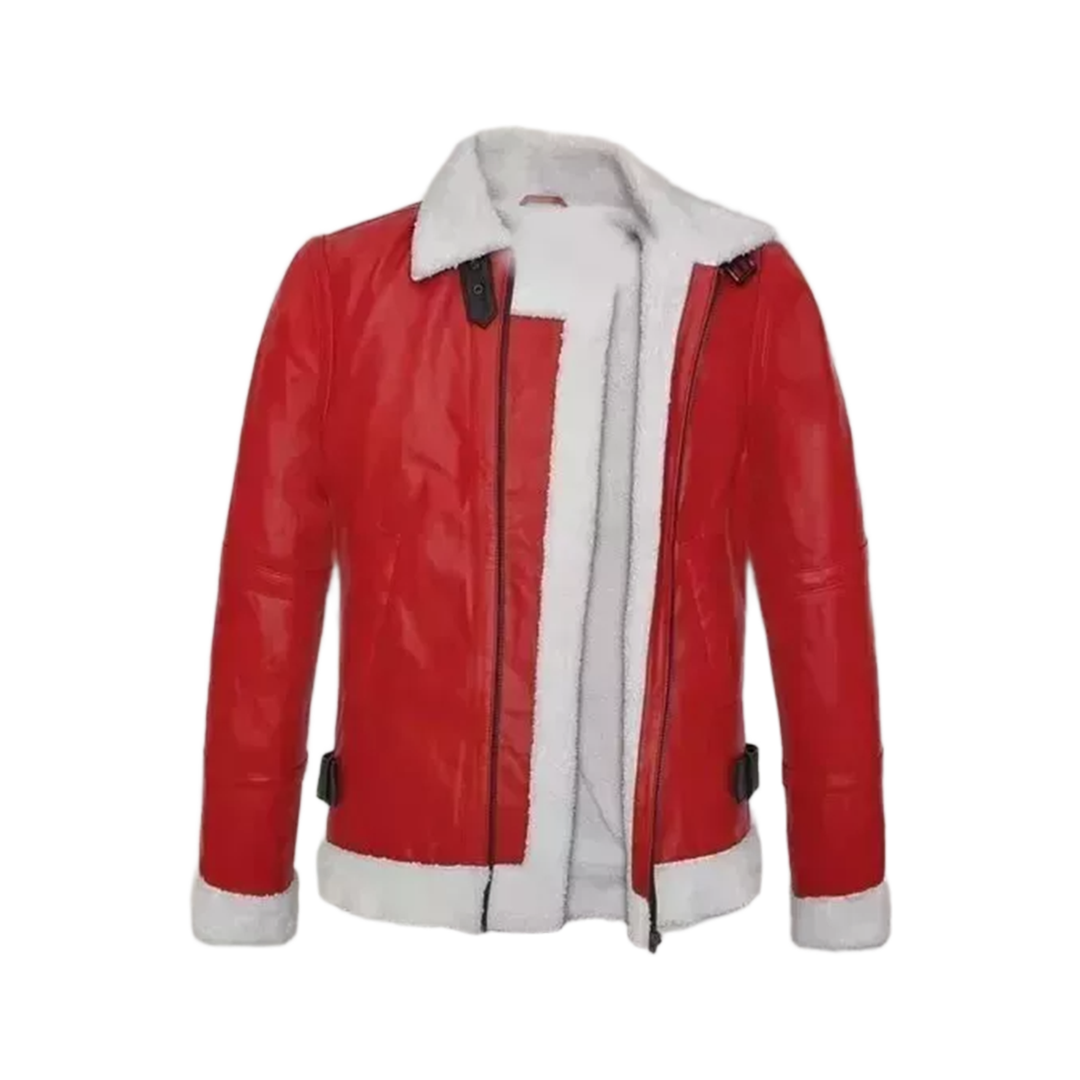 Ryan Reynolds Spirited Christmas Wear Santa Claus Sherpa Lined Leather Jacket