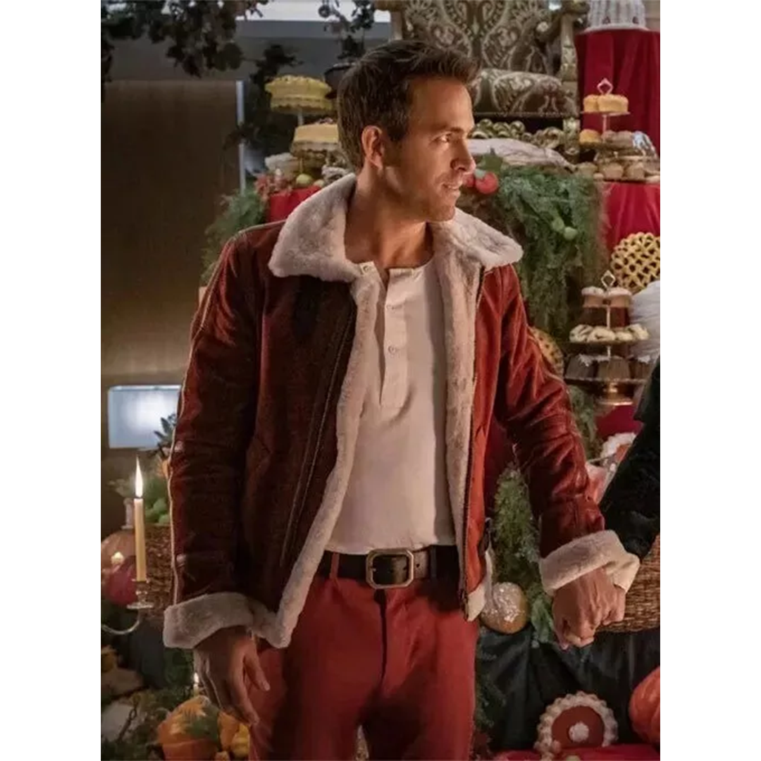 Ryan Reynolds Spirited Christmas Wear Santa Claus Sherpa Lined Leather Jacket