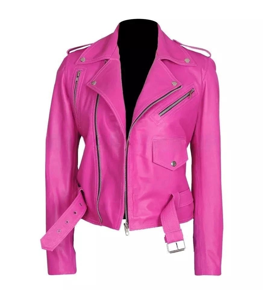 Women’s Jessica Alba Hot Pink Stylish Biker Wear Faux Leather Jacket