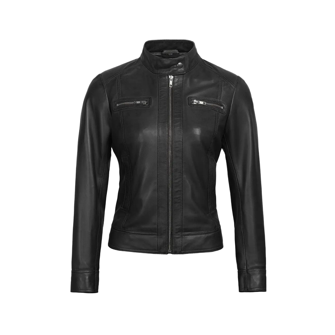 Shelia Womens Black Cafe Racer Real Leather Jacket