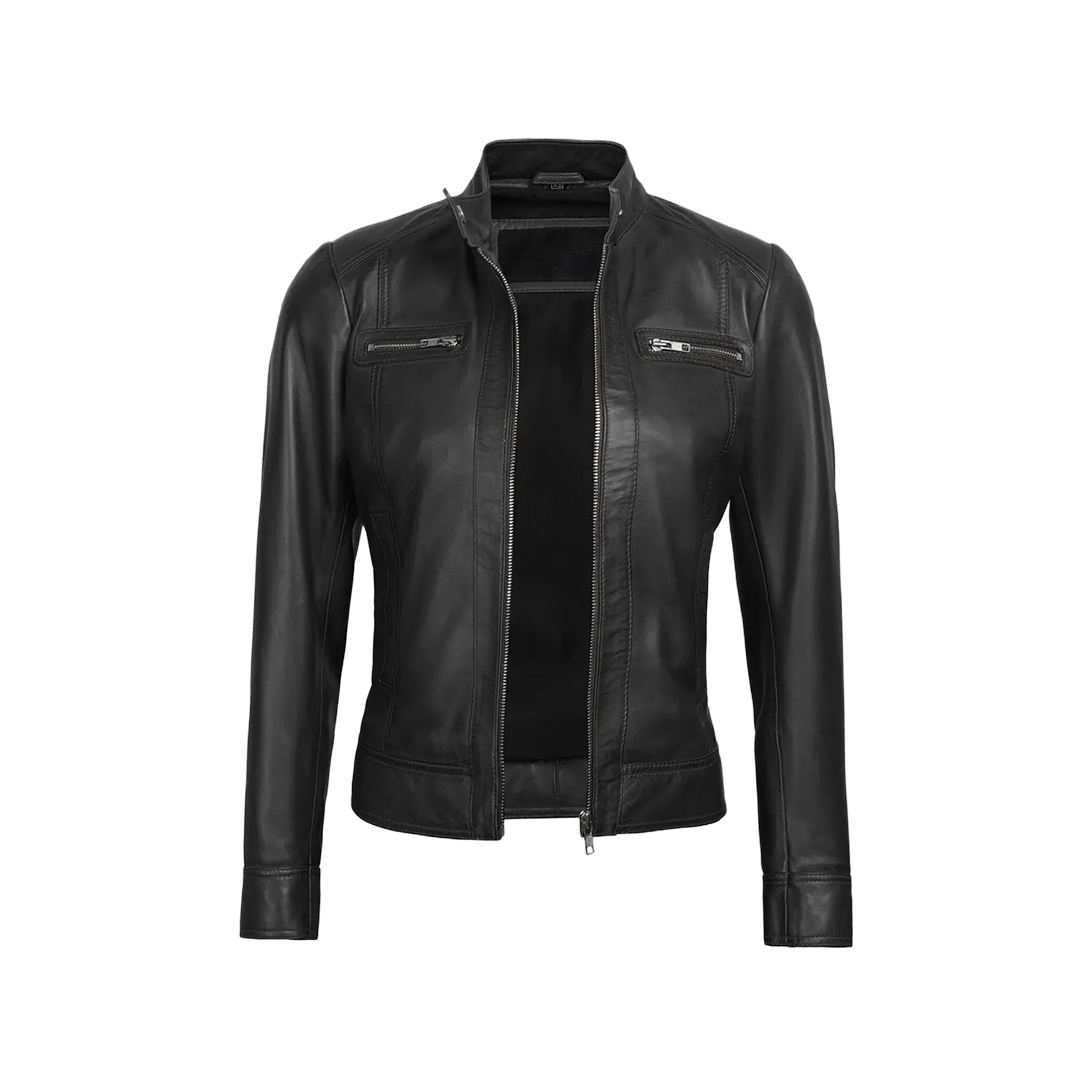 Shelia Womens Black Cafe Racer Real Leather Jacket