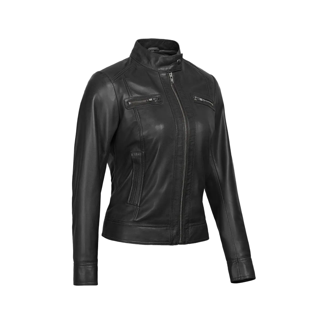 Shelia Womens Black Cafe Racer Real Leather Jacket