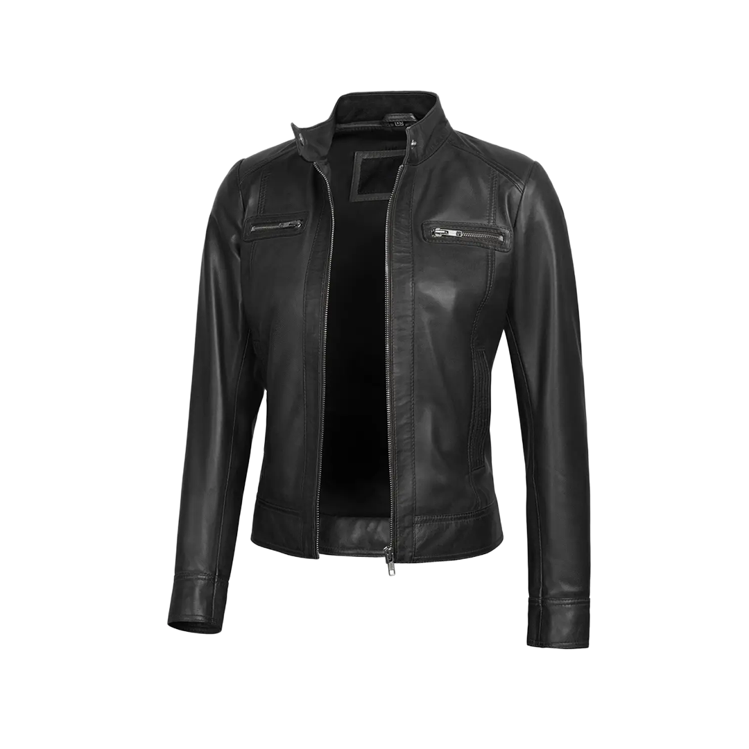 Shelia Womens Black Cafe Racer Real Leather Jacket