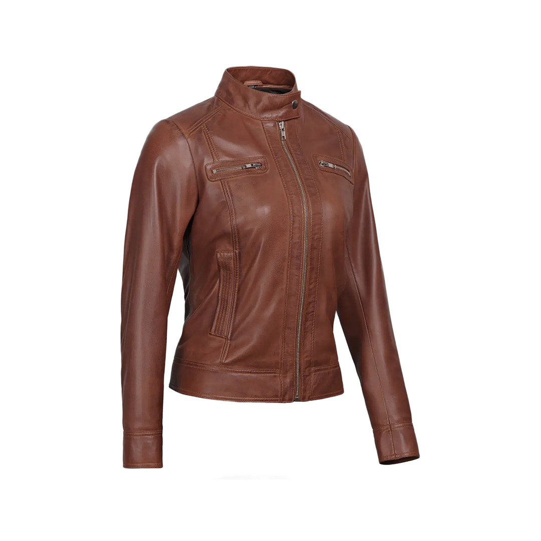 Shelia Womens Cognac Brown Cafe Racer Leather Jacket