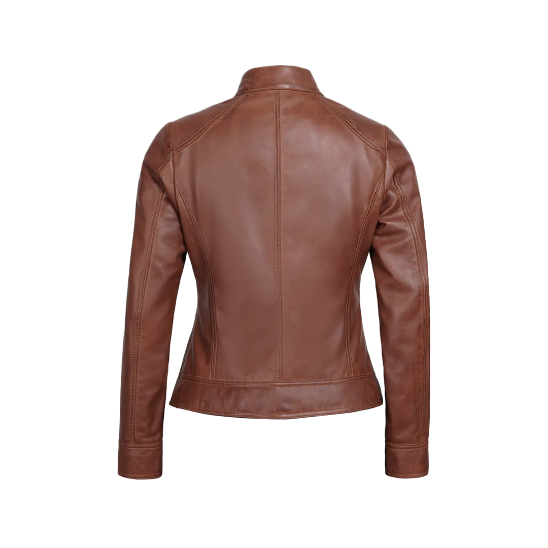 Shelia Womens Cognac Brown Cafe Racer Leather Jacket