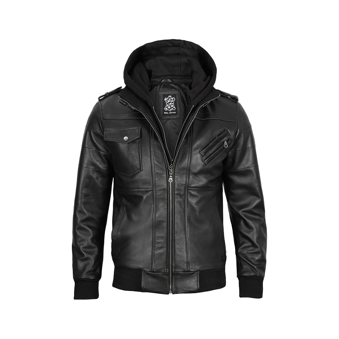 Tall Men's Black Leather Jacket with Removable Hoodie