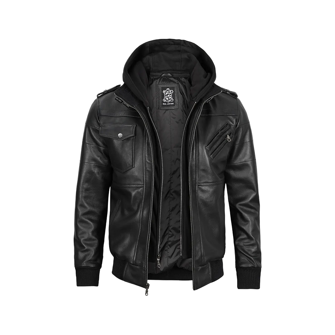 Tall Men's Black Leather Jacket with Removable Hoodie