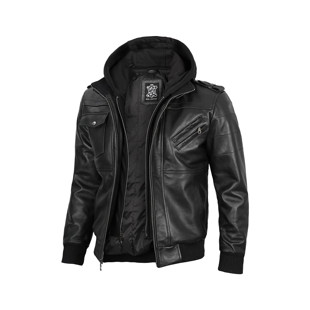Tall Men's Black Leather Jacket with Removable Hoodie