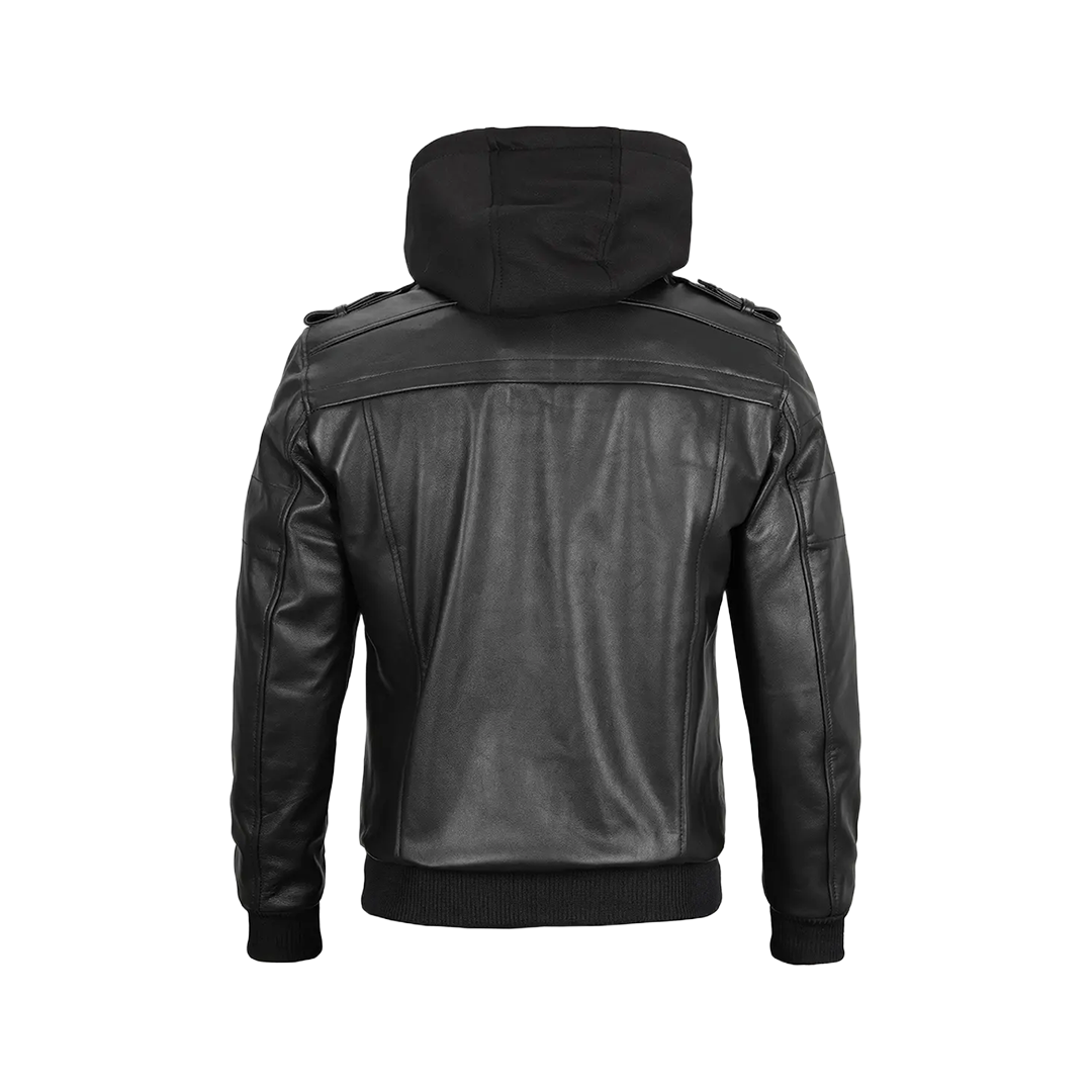 Tall Men's Black Leather Jacket with Removable Hoodie