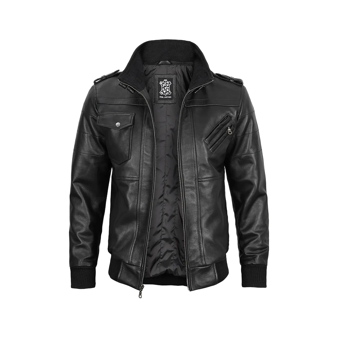 Tall Men's Black Leather Jacket with Removable Hoodie