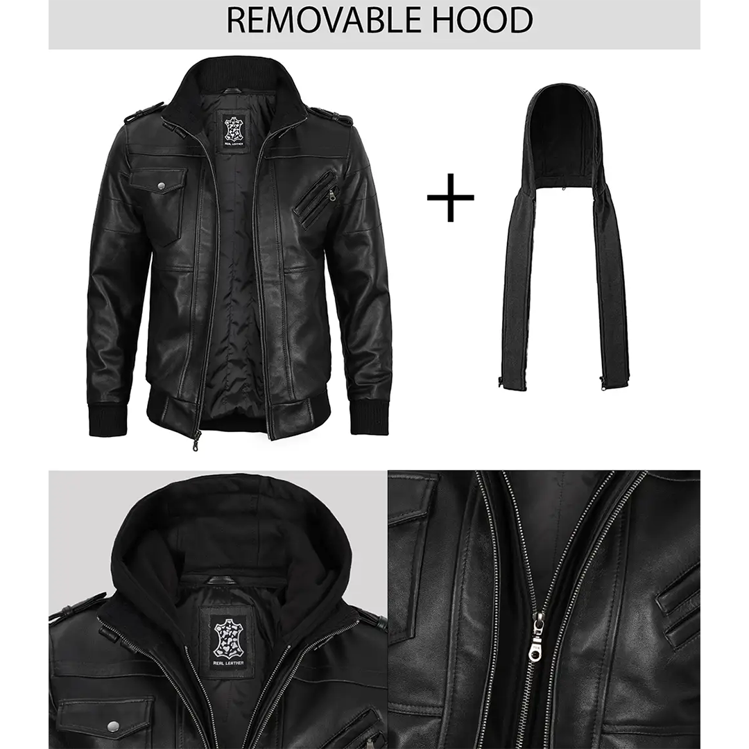 Tall Men's Black Leather Jacket with Removable Hoodie