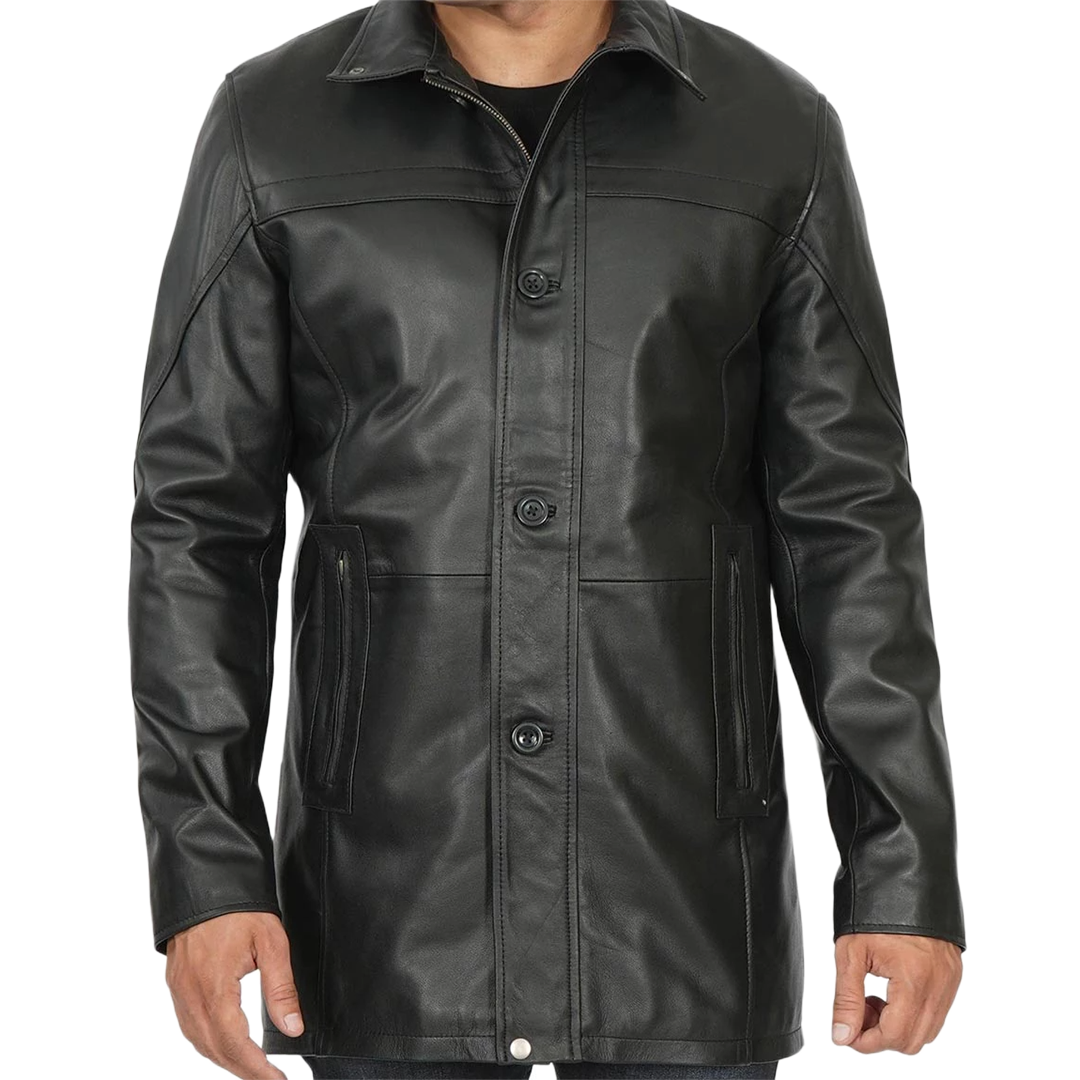 Tall Men's Black Real Leather Car Coat