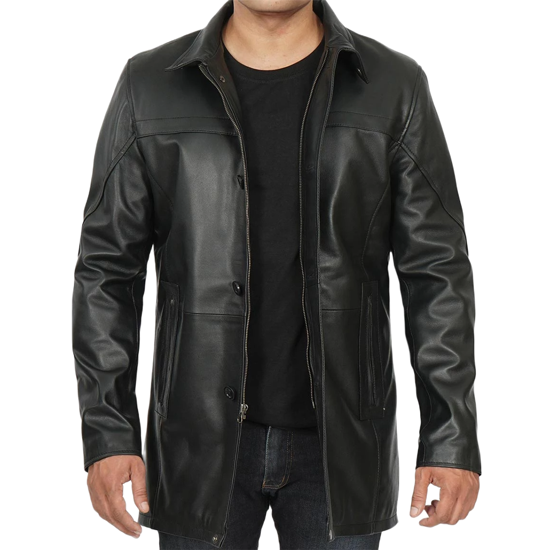 Tall Men's Black Real Leather Car Coat