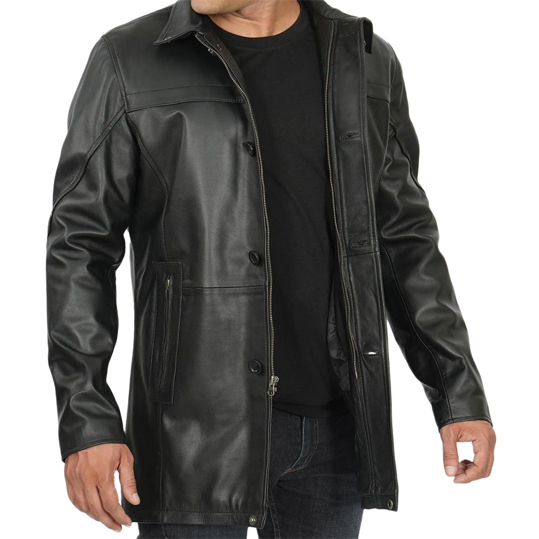 Tall Men's Black Real Leather Car Coat