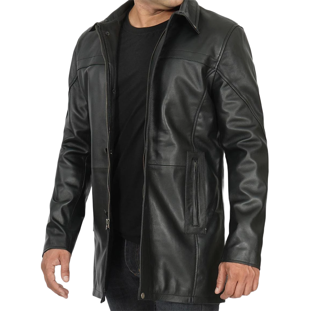 Tall Men's Black Real Leather Car Coat