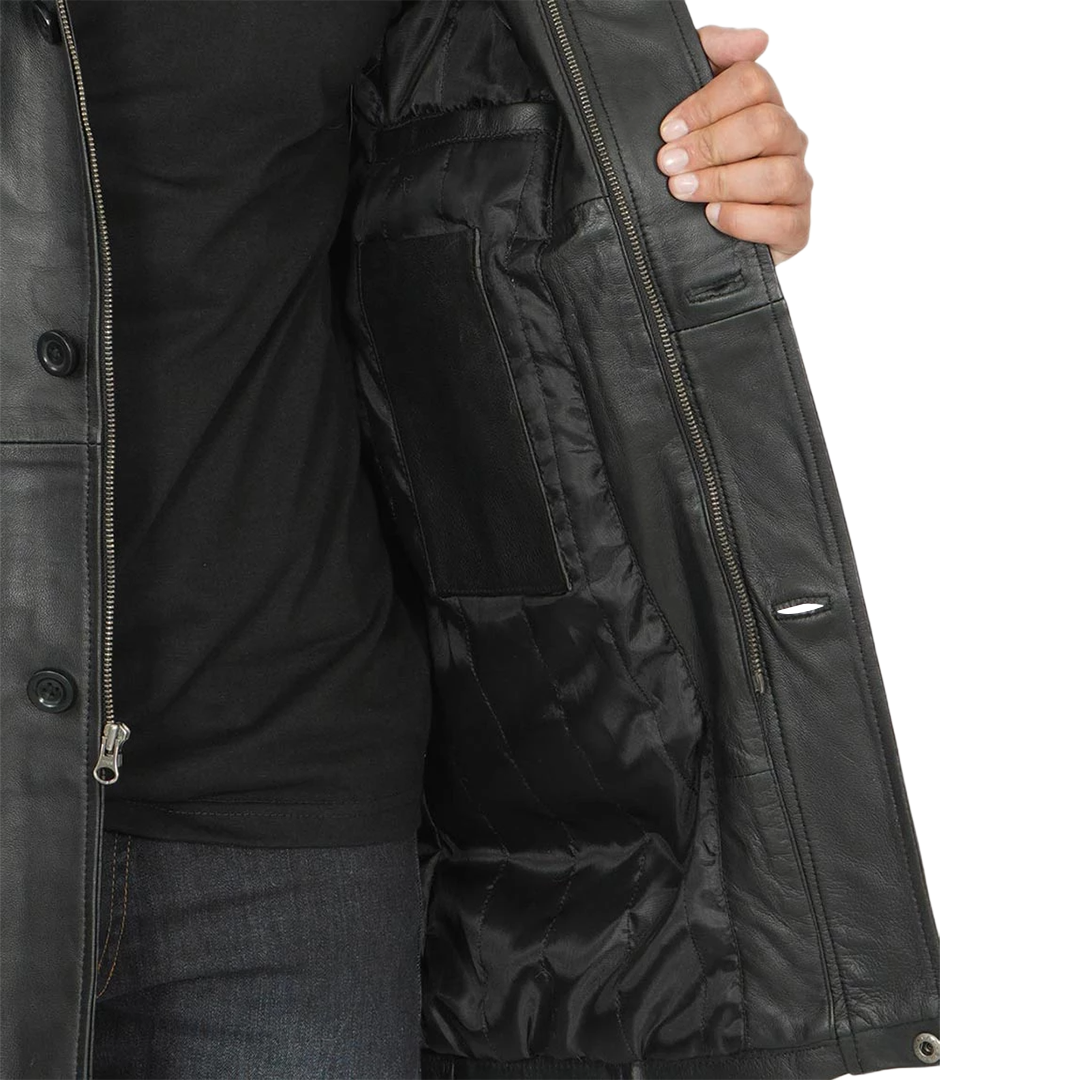 Tall Men's Black Real Leather Car Coat