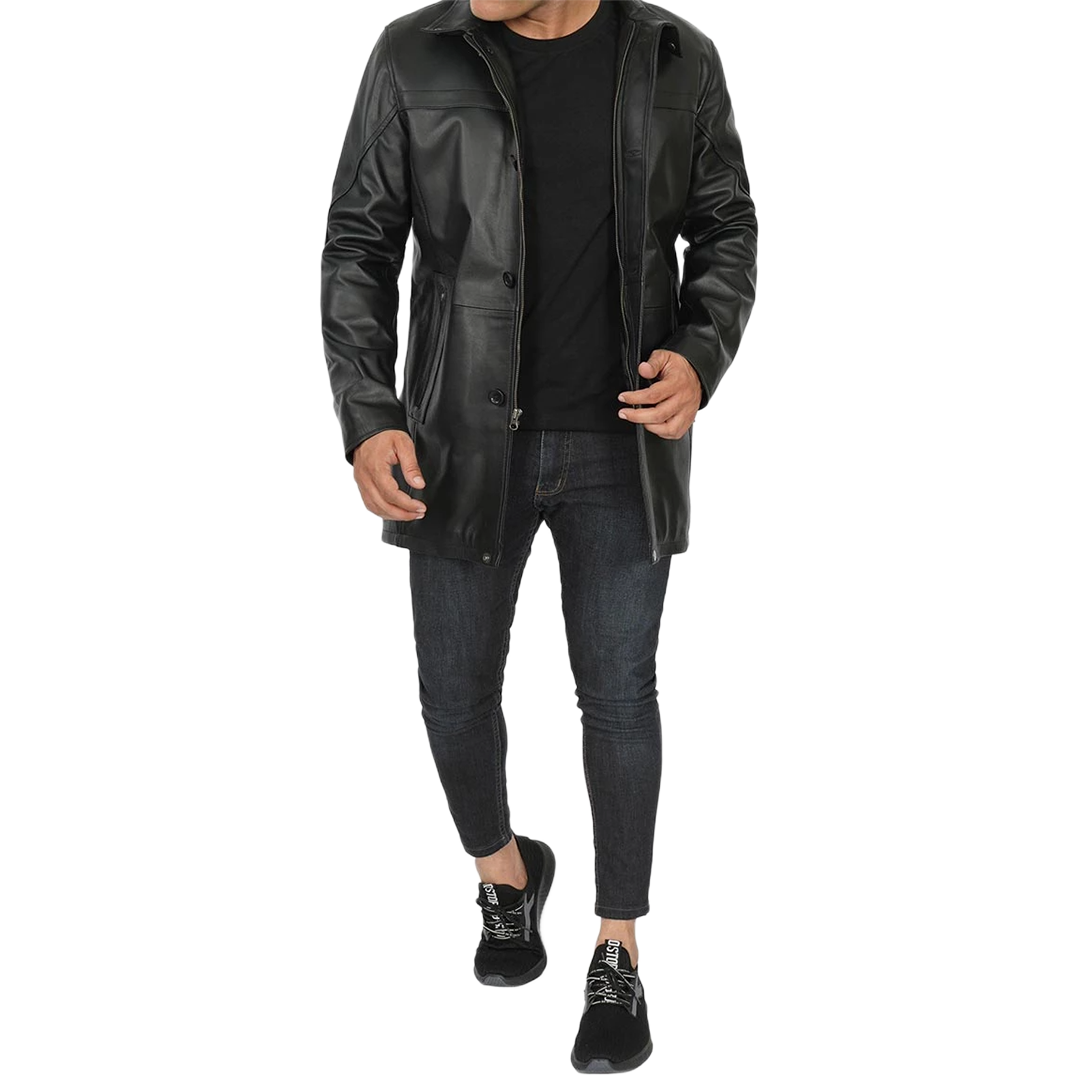 Tall Men's Black Real Leather Car Coat
