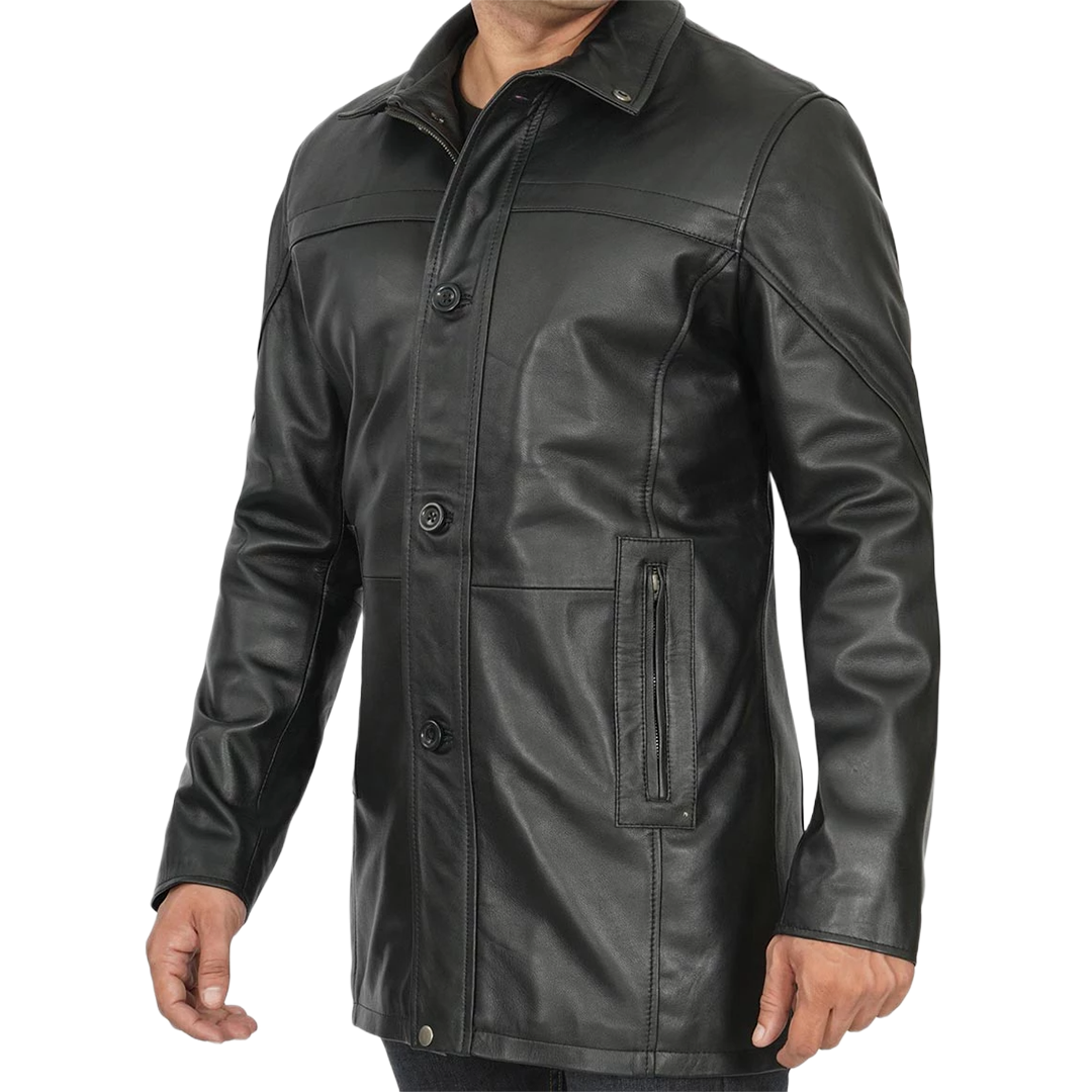 Tall Men's Black Real Leather Car Coat