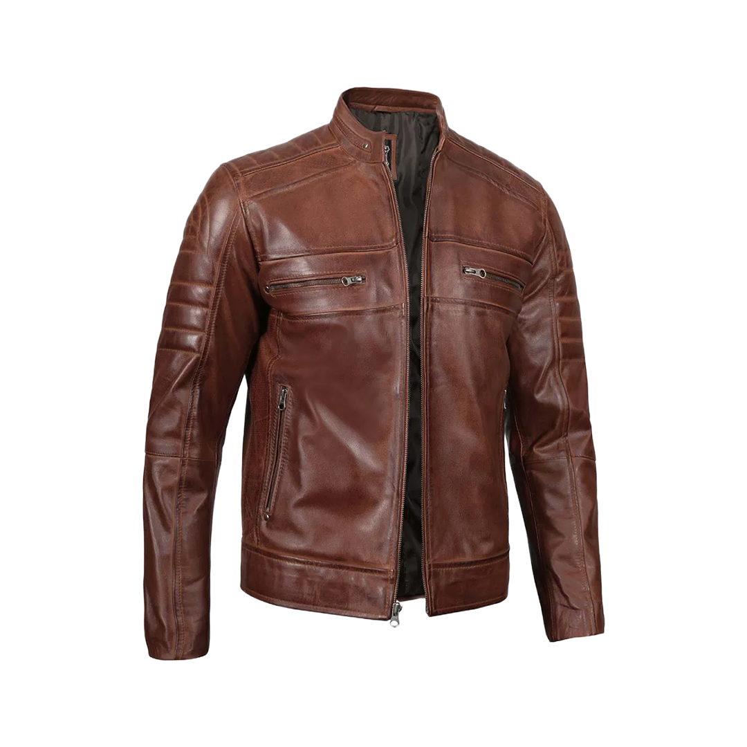 Tall Men's Cognac Brown Distressed Leather Cafe Racer Jacket