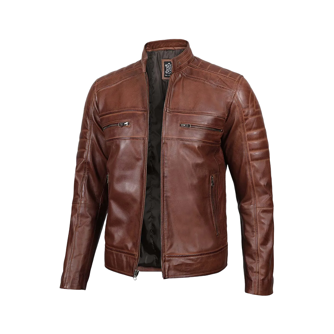 Tall Men's Cognac Brown Distressed Leather Cafe Racer Jacket