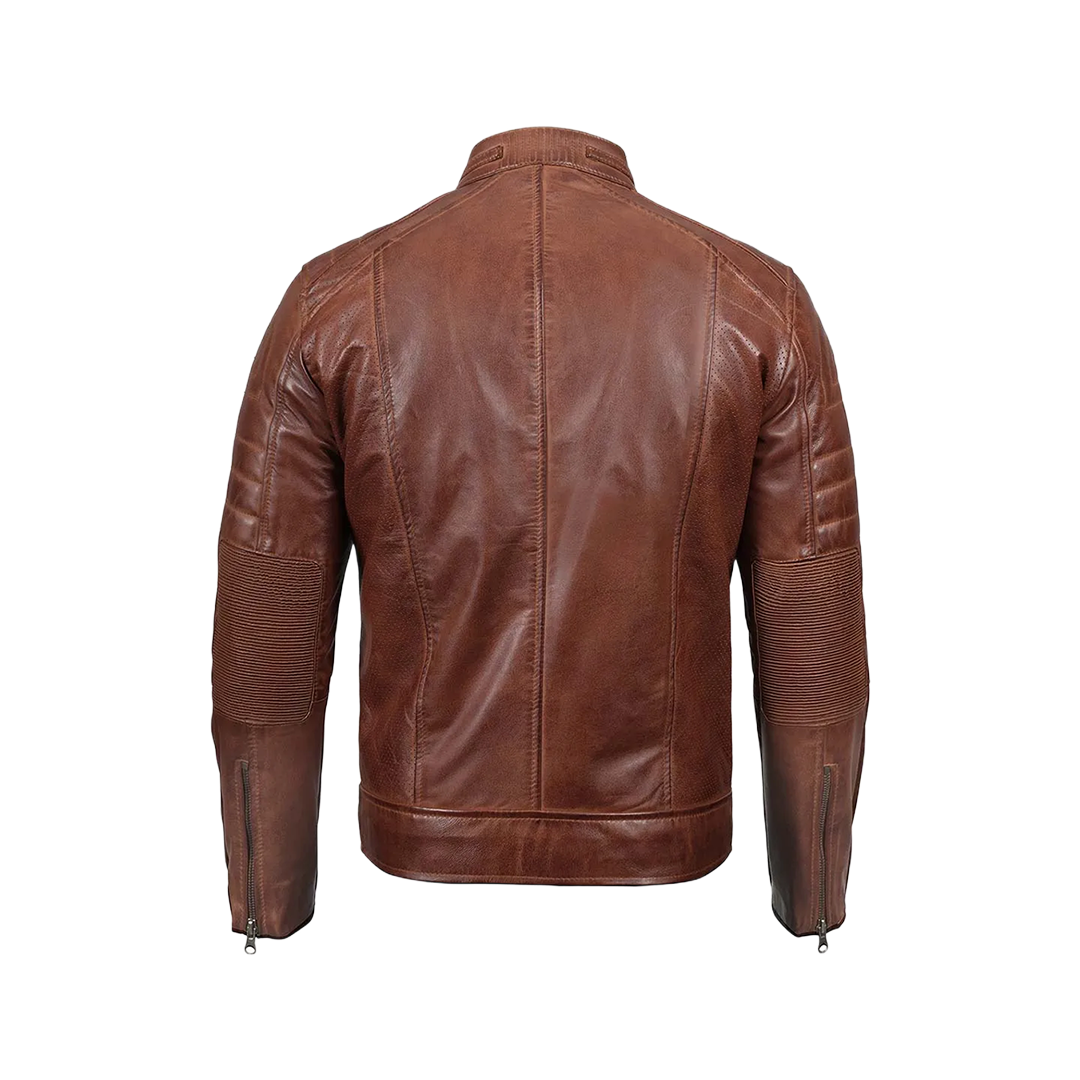 Tall Men's Cognac Brown Distressed Leather Cafe Racer Jacket