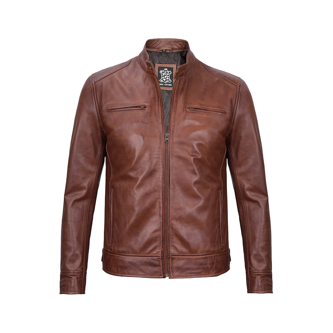 Tall Men's Cognac Brown Cafe Racer Leather Jacket