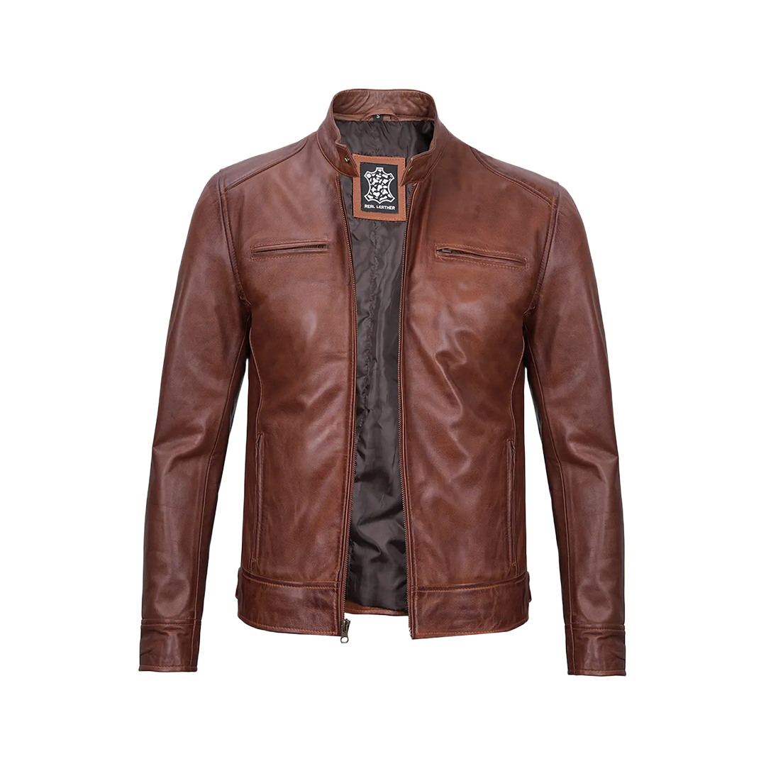 Tall Men's Cognac Brown Cafe Racer Leather Jacket
