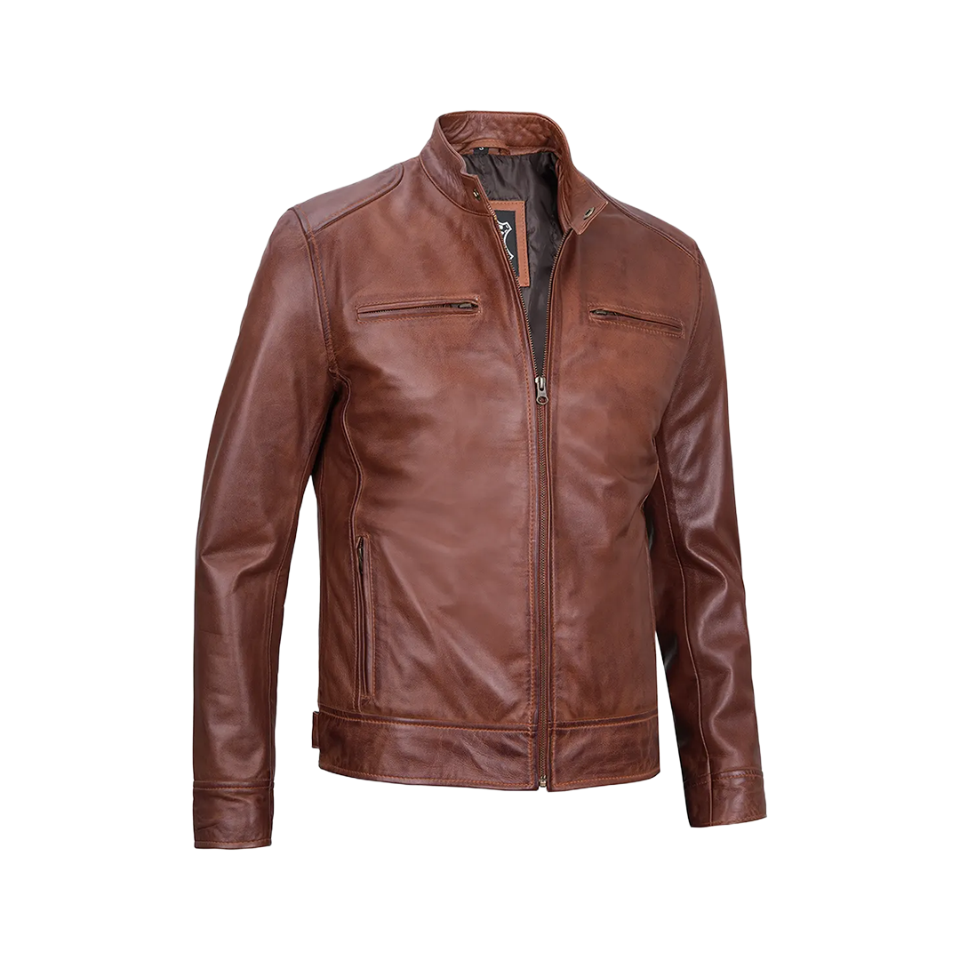 Tall Men's Cognac Brown Cafe Racer Leather Jacket