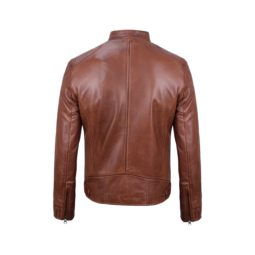 Tall Men's Cognac Brown Cafe Racer Leather Jacket