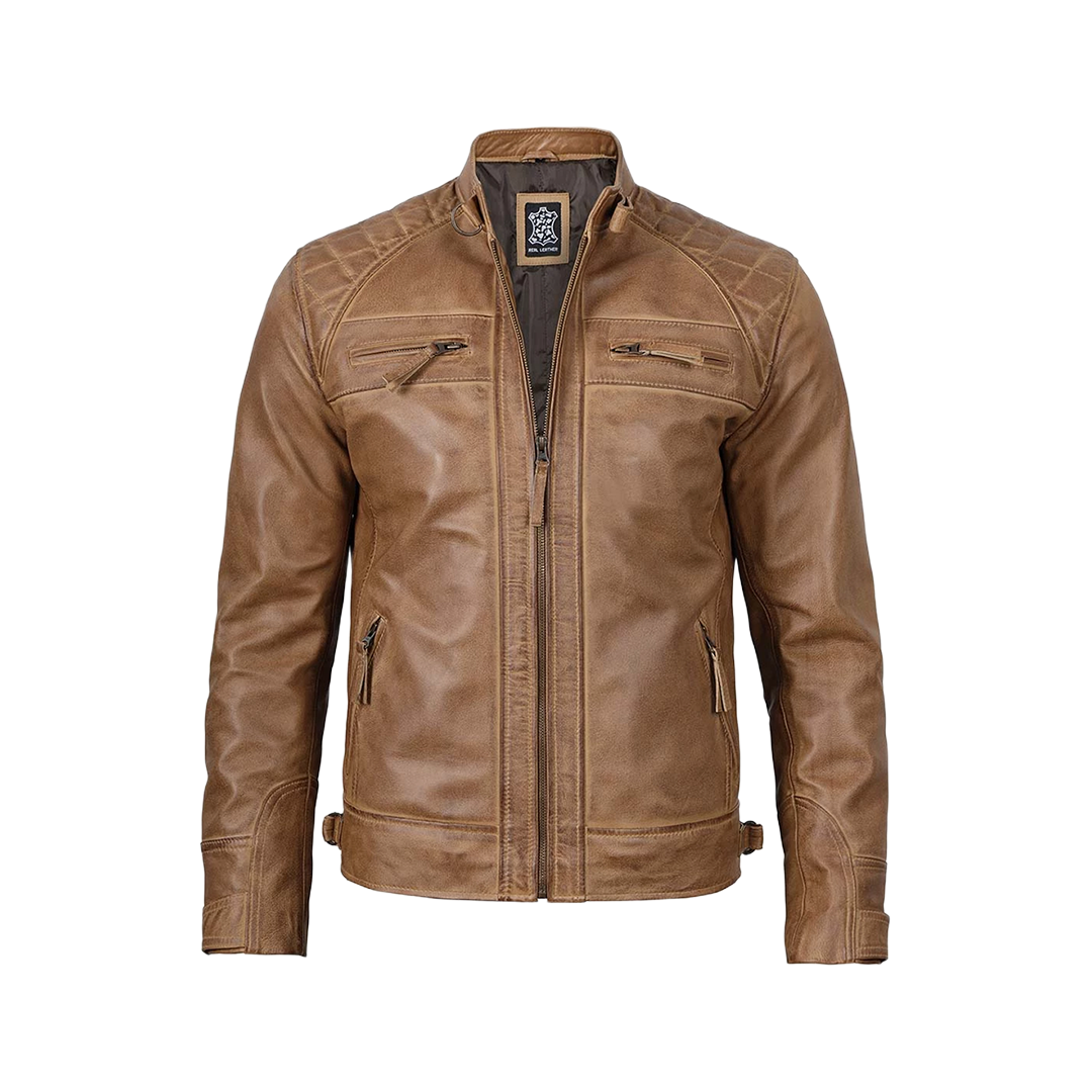 Tall Men's Distressed Camel Brown Cafe Racer Leather Jacket