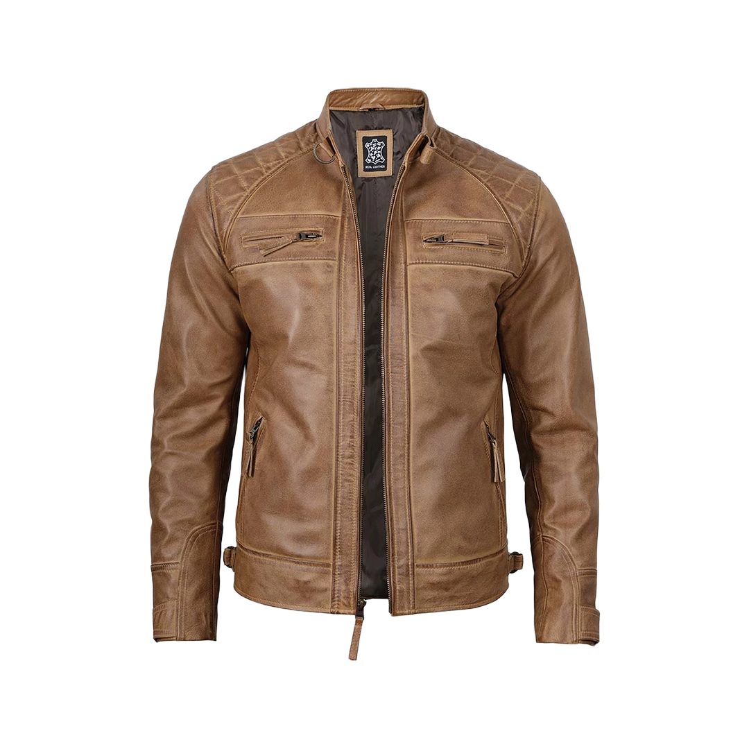 Tall Men's Distressed Camel Brown Cafe Racer Leather Jacket