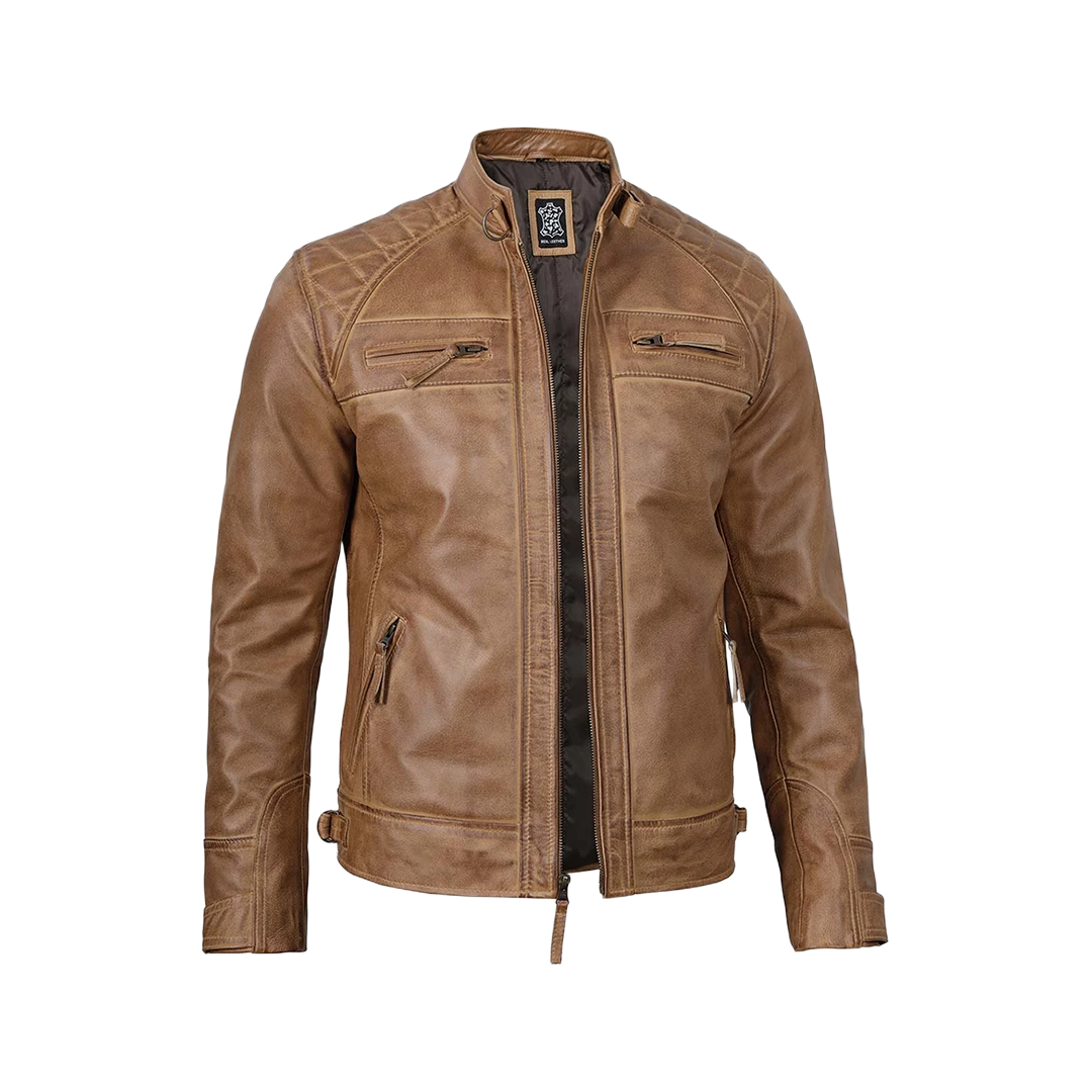 Tall Men's Distressed Camel Brown Cafe Racer Leather Jacket