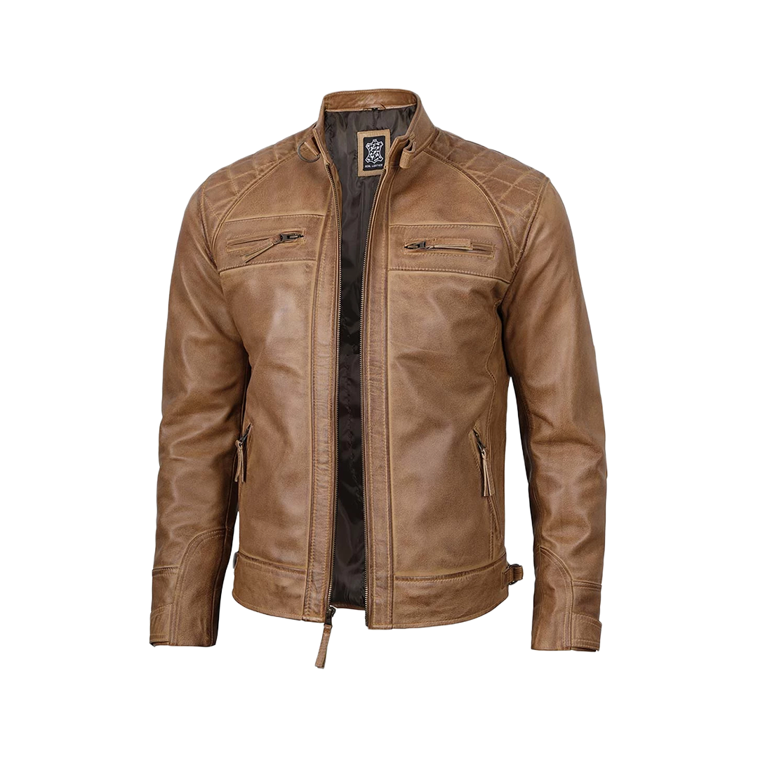 Tall Men's Distressed Camel Brown Cafe Racer Leather Jacket