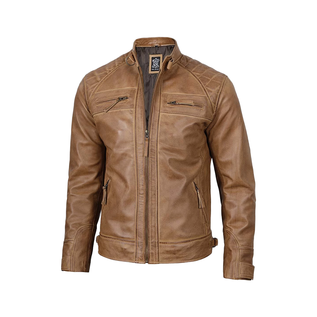 Tall Men's Distressed Camel Brown Cafe Racer Leather Jacket