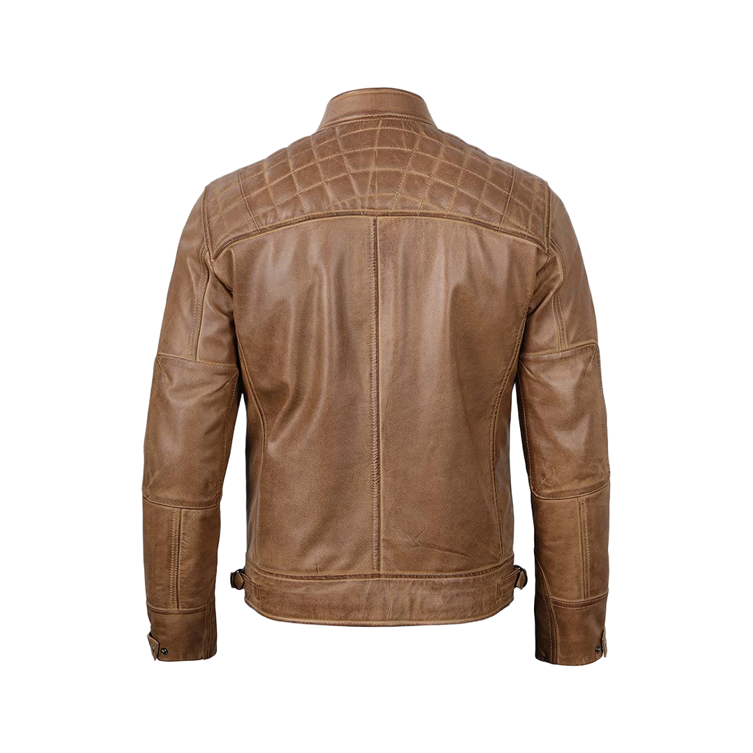 Tall Men's Distressed Camel Brown Cafe Racer Leather Jacket