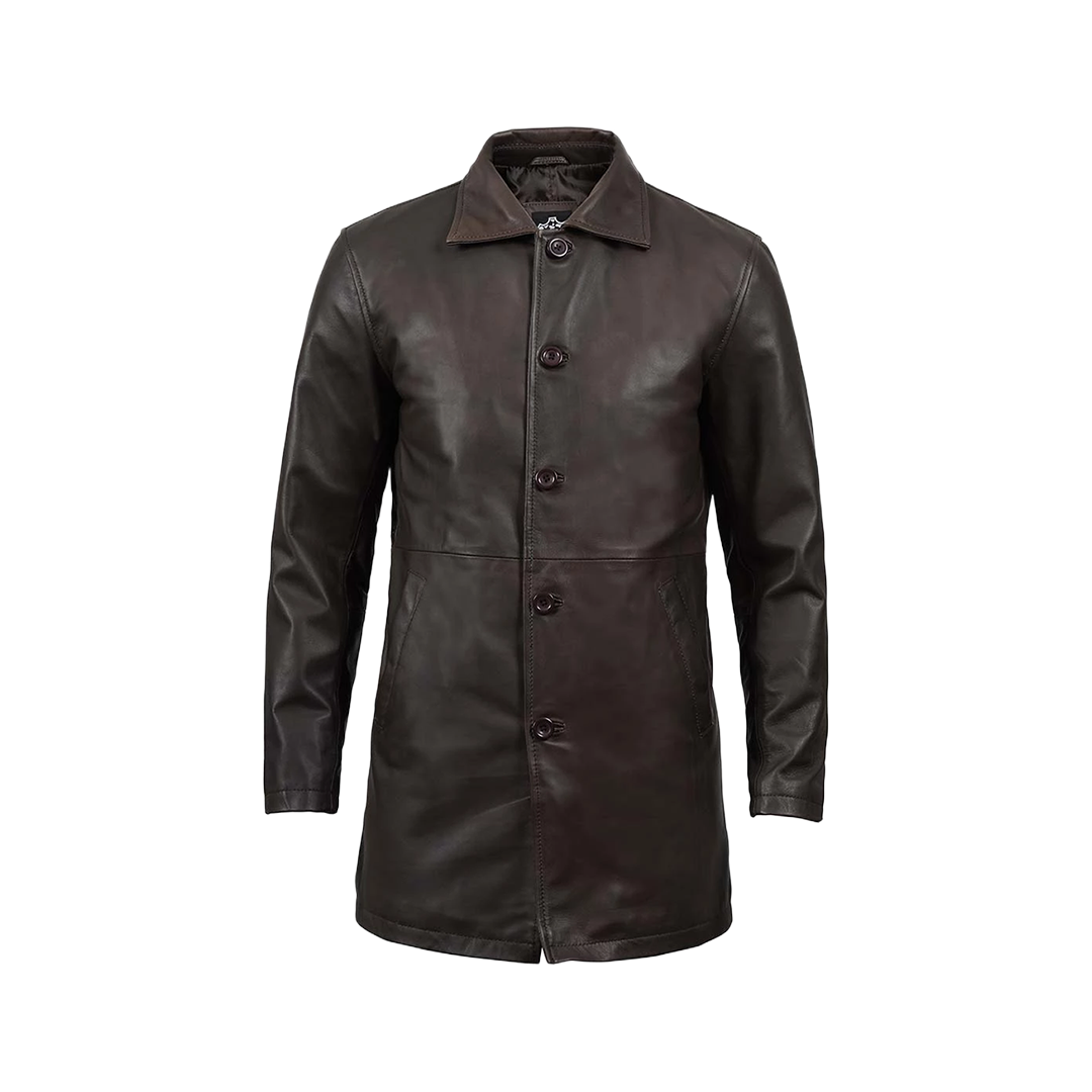 Tall Men's Distressed Dark Brown Leather Car Coat