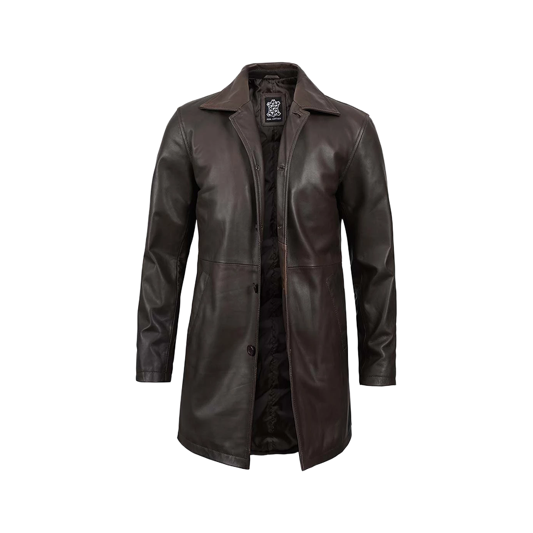 Tall Men's Distressed Dark Brown Leather Car Coat