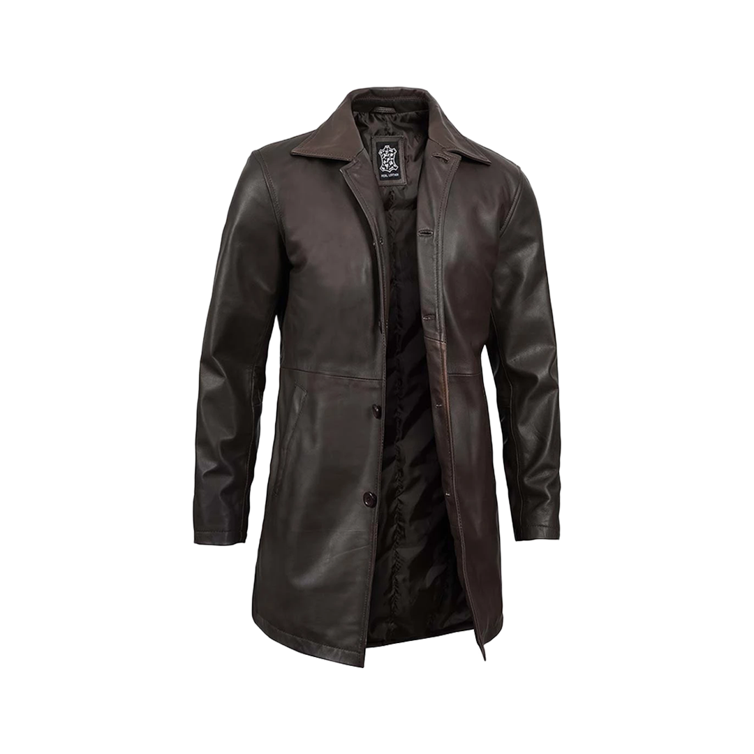 Tall Men's Distressed Dark Brown Leather Car Coat