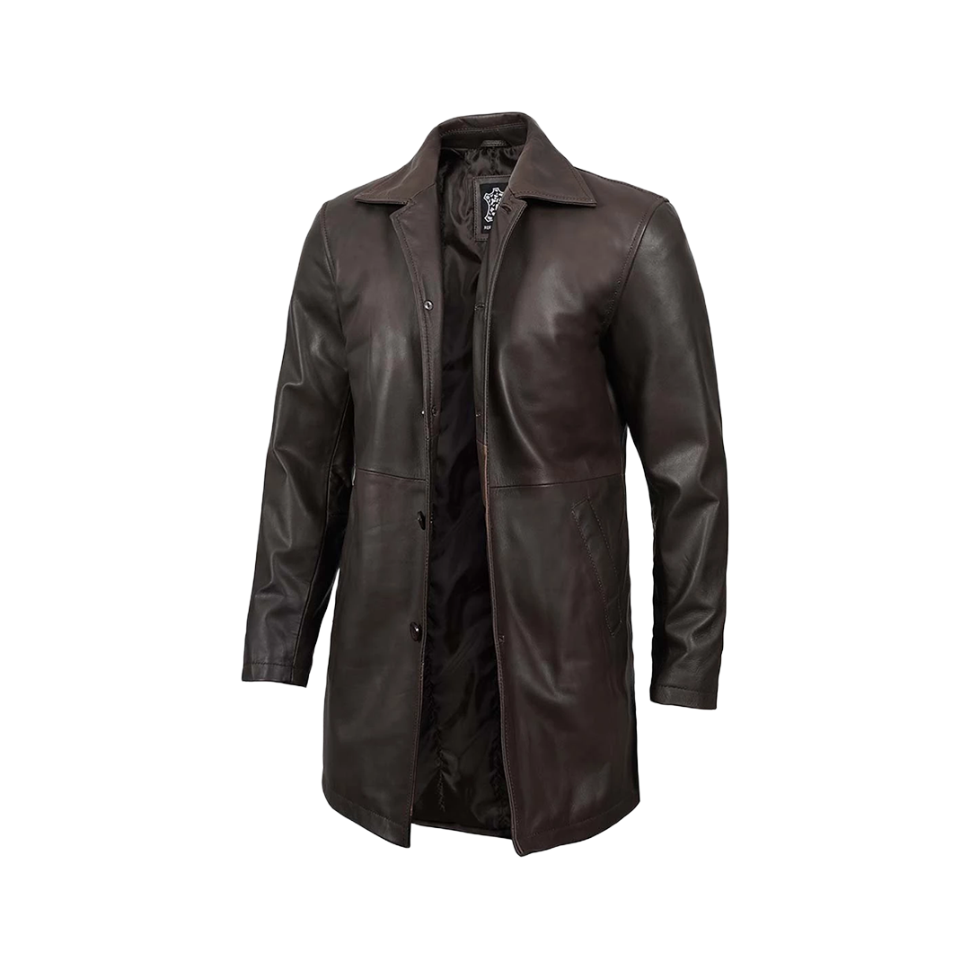 Tall Men's Distressed Dark Brown Leather Car Coat