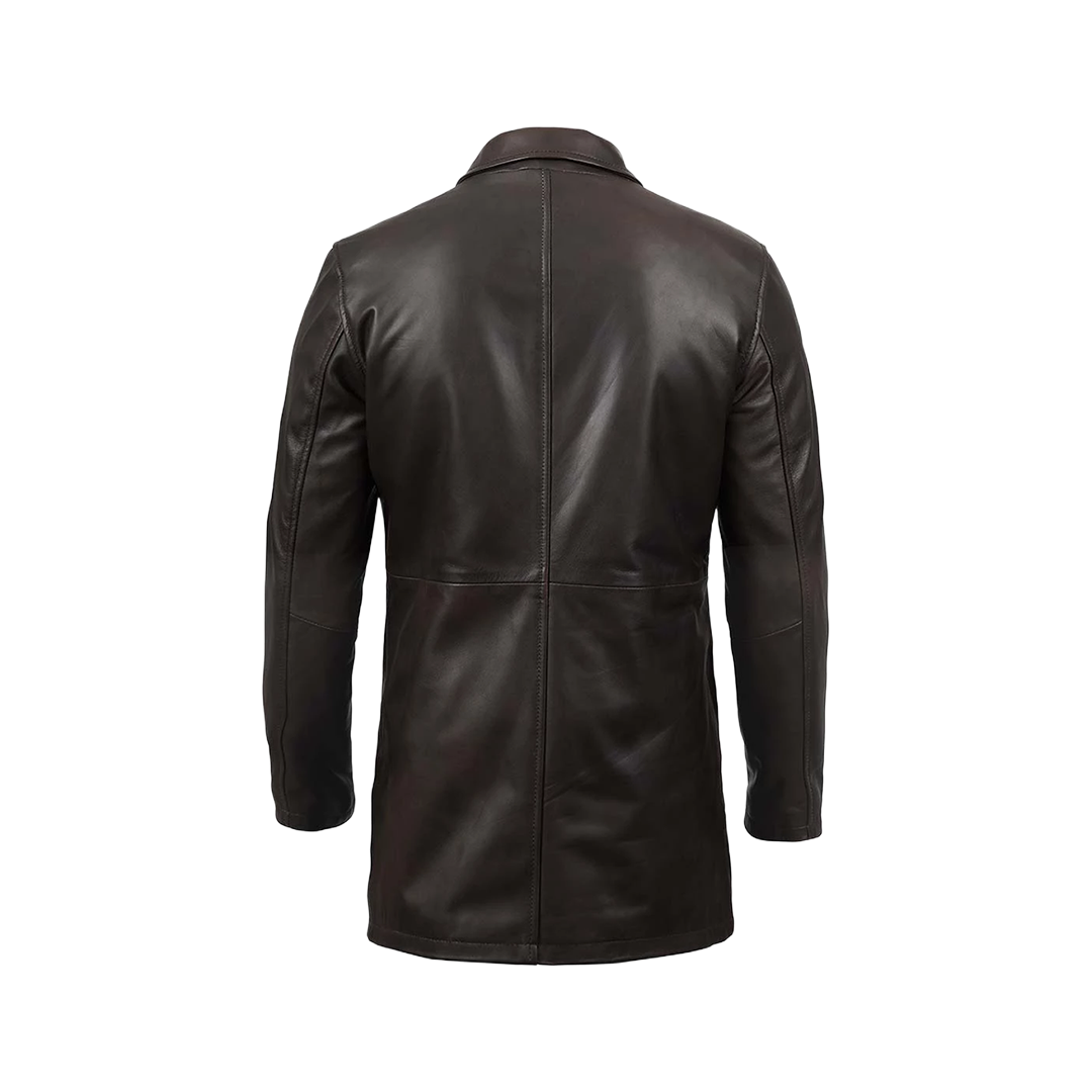 Tall Men's Distressed Dark Brown Leather Car Coat