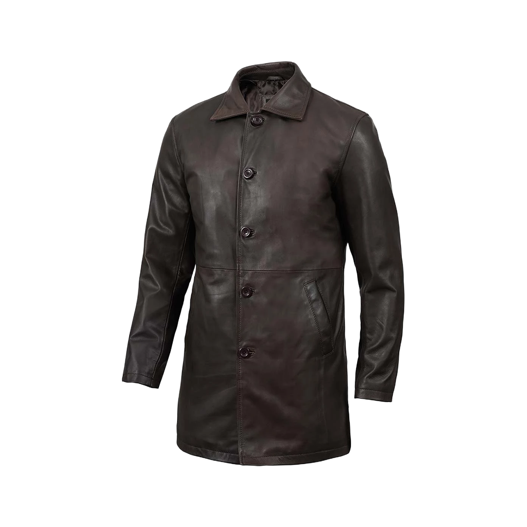 Tall Men's Distressed Dark Brown Leather Car Coat