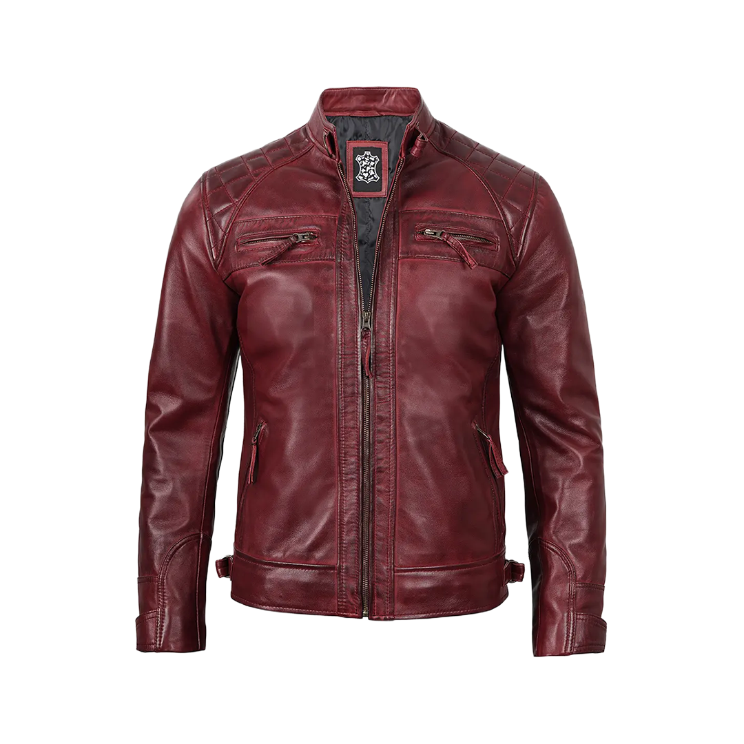 Tall Men's Real Leather Burgundy Biker Jacket