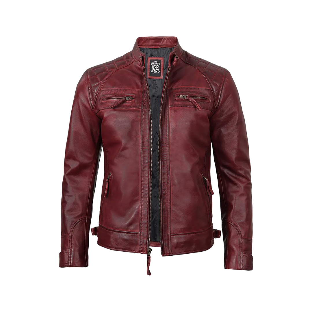 Tall Men's Real Leather Burgundy Biker Jacket