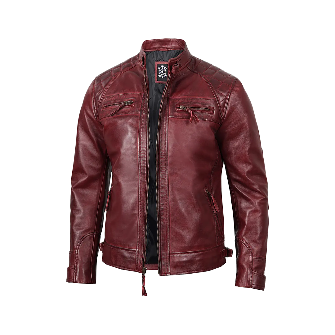 Tall Men's Real Leather Burgundy Biker Jacket