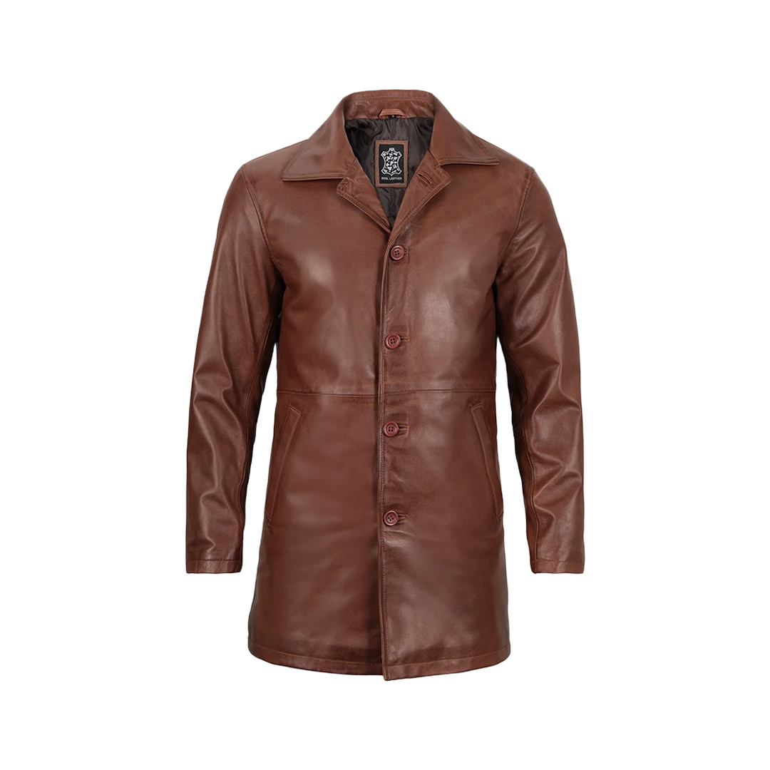 Tan Men's Distressed 3/4 Length Leather Car Coat