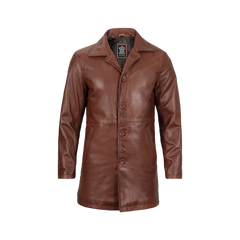 Tan Men's Distressed 3/4 Length Leather Car Coat