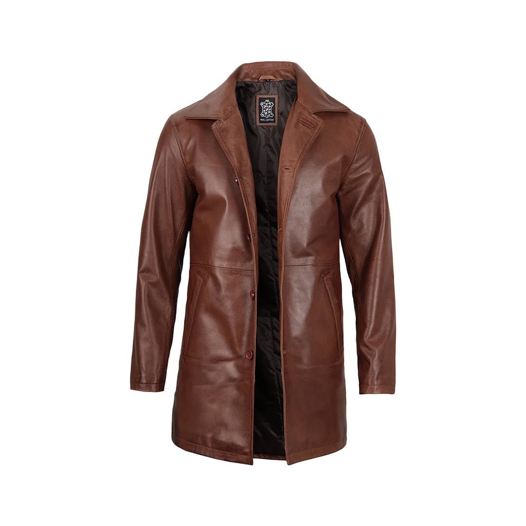 Tan Men's Distressed 3/4 Length Leather Car Coat